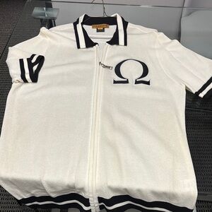 White Zip-Up Polo Shirt with Black Accents